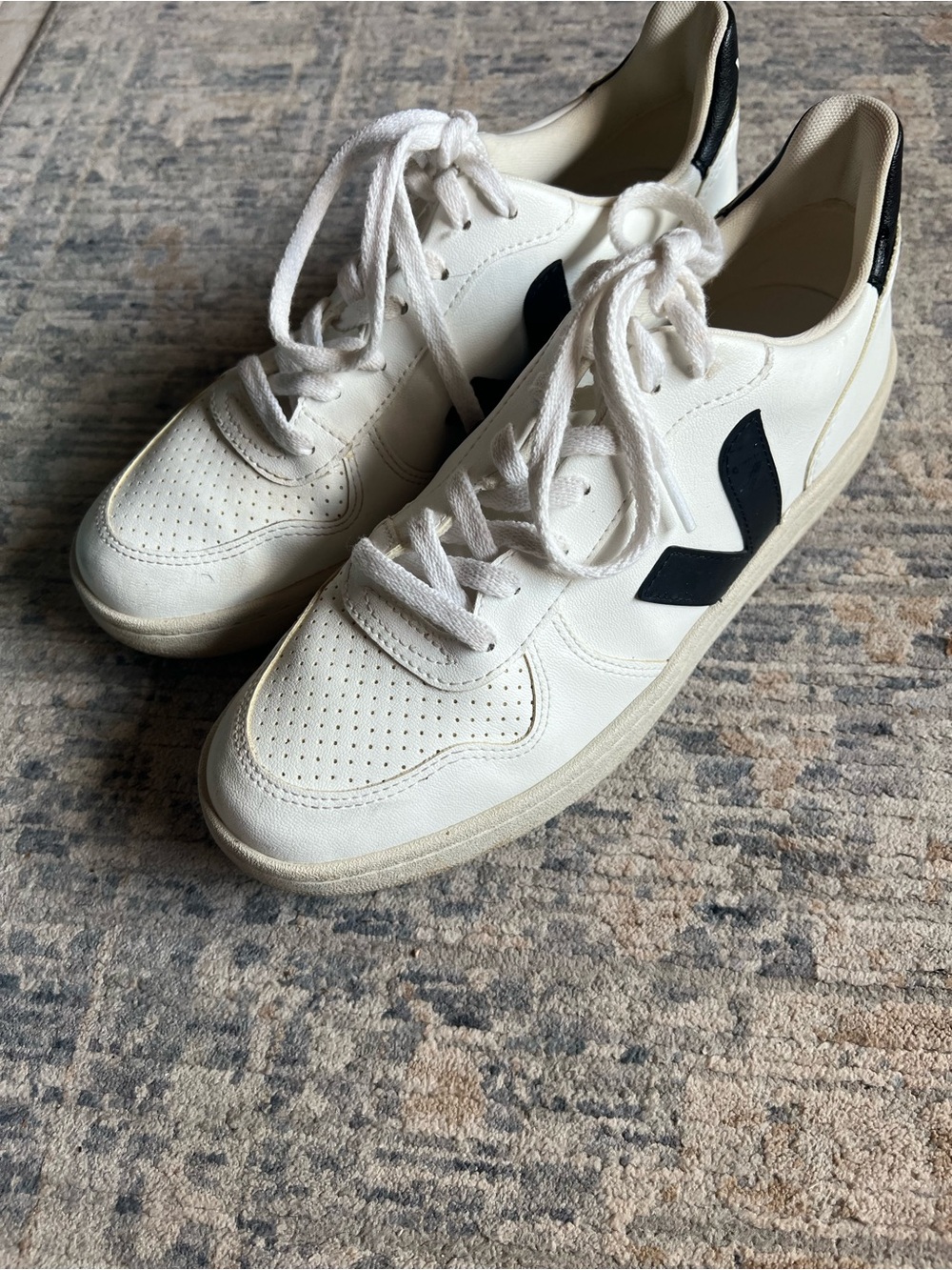 Veja V-10 Leather Sneaker in White with Black Accent - Women’s